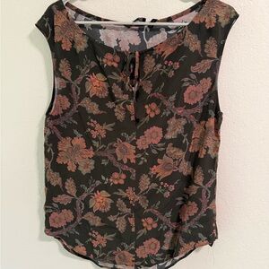 Theory Black Floral Silk Sleeveless Blouse Tie Neck Size P